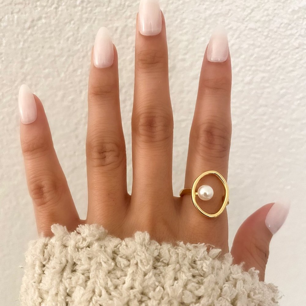 925 Sterling Silver Gold Pearl Statement Ring Boho Minimalist Oval Round Ring - Picture 7 of 8